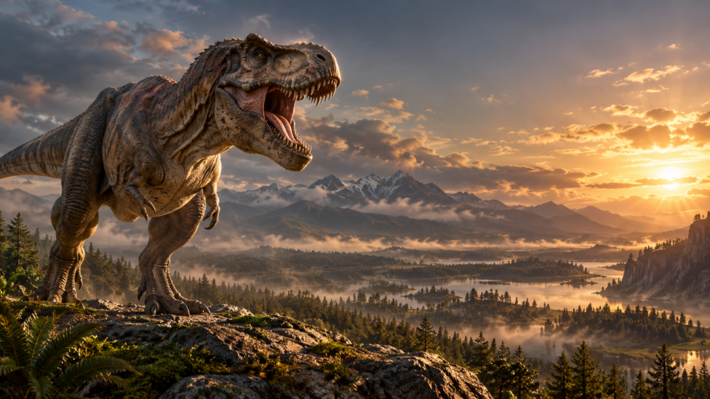 t.rex au coucher du soleil