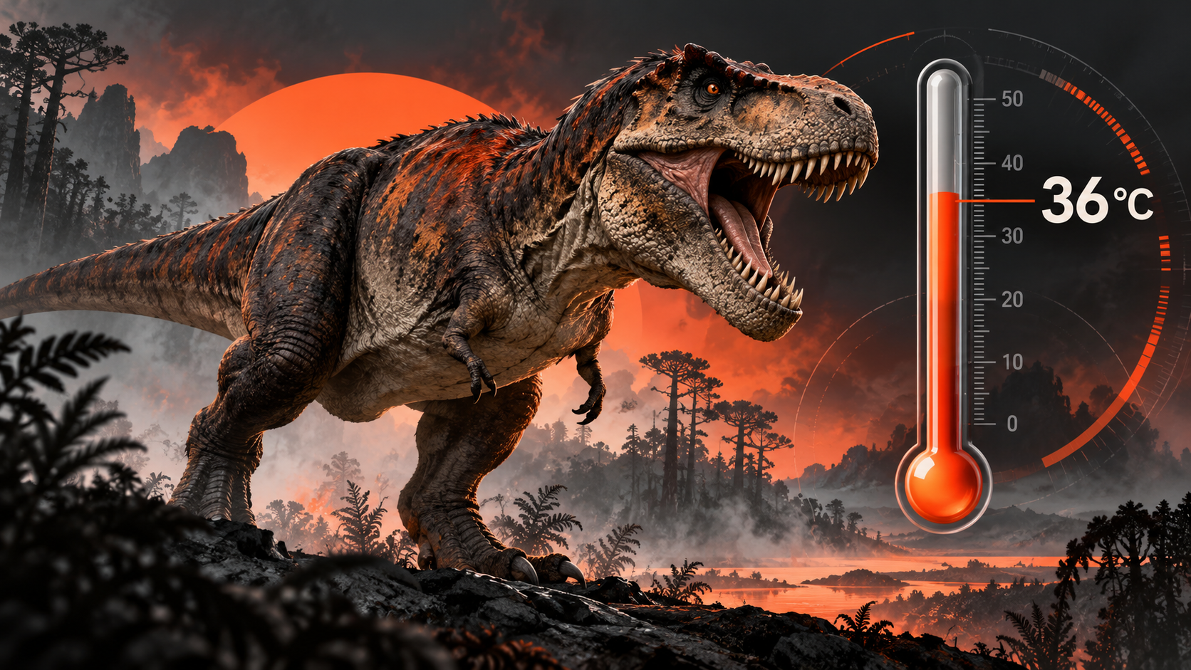 T.rex avec un thermomètre à 36 degrés.
